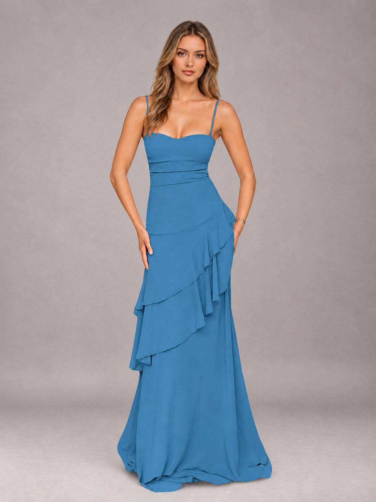 Blue A-Line Spaghetti Strap Chiffon Floor Length Bridesmaid Dress