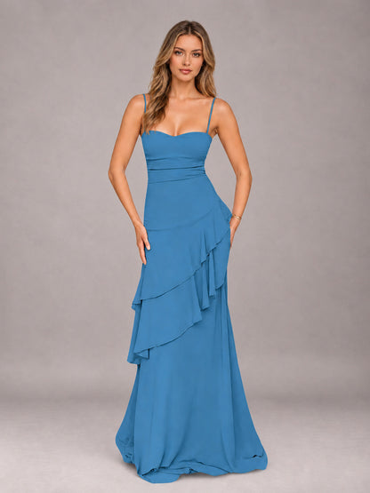 Blue A-Line Spaghetti Strap Chiffon Floor Length Bridesmaid Dress