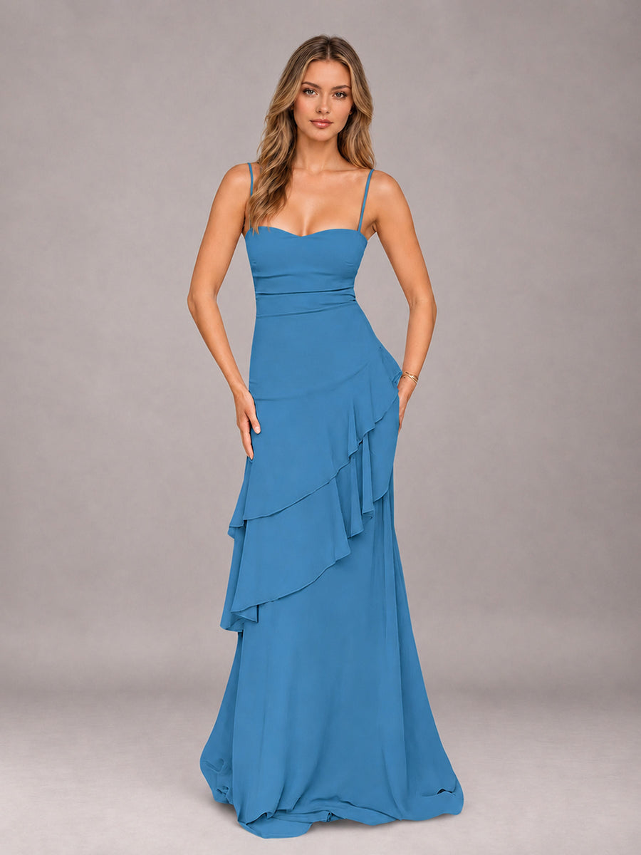 Blue A-Line Spaghetti Strap Chiffon Floor Length Bridesmaid Dress