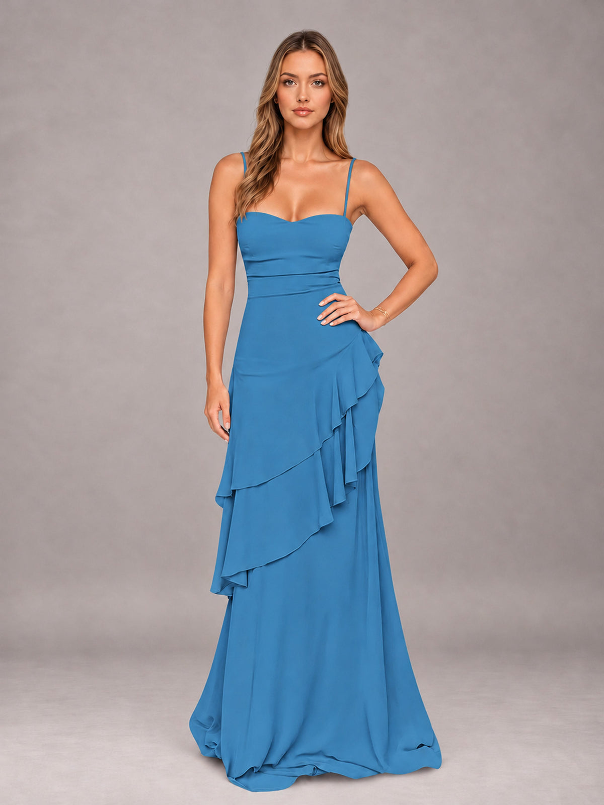 Blue A-Line Spaghetti Strap Chiffon Floor Length Bridesmaid Dress