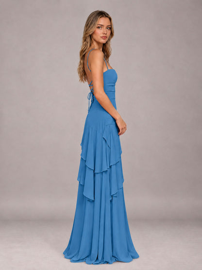 Blue A-Line Spaghetti Strap Chiffon Floor Length Bridesmaid Dress