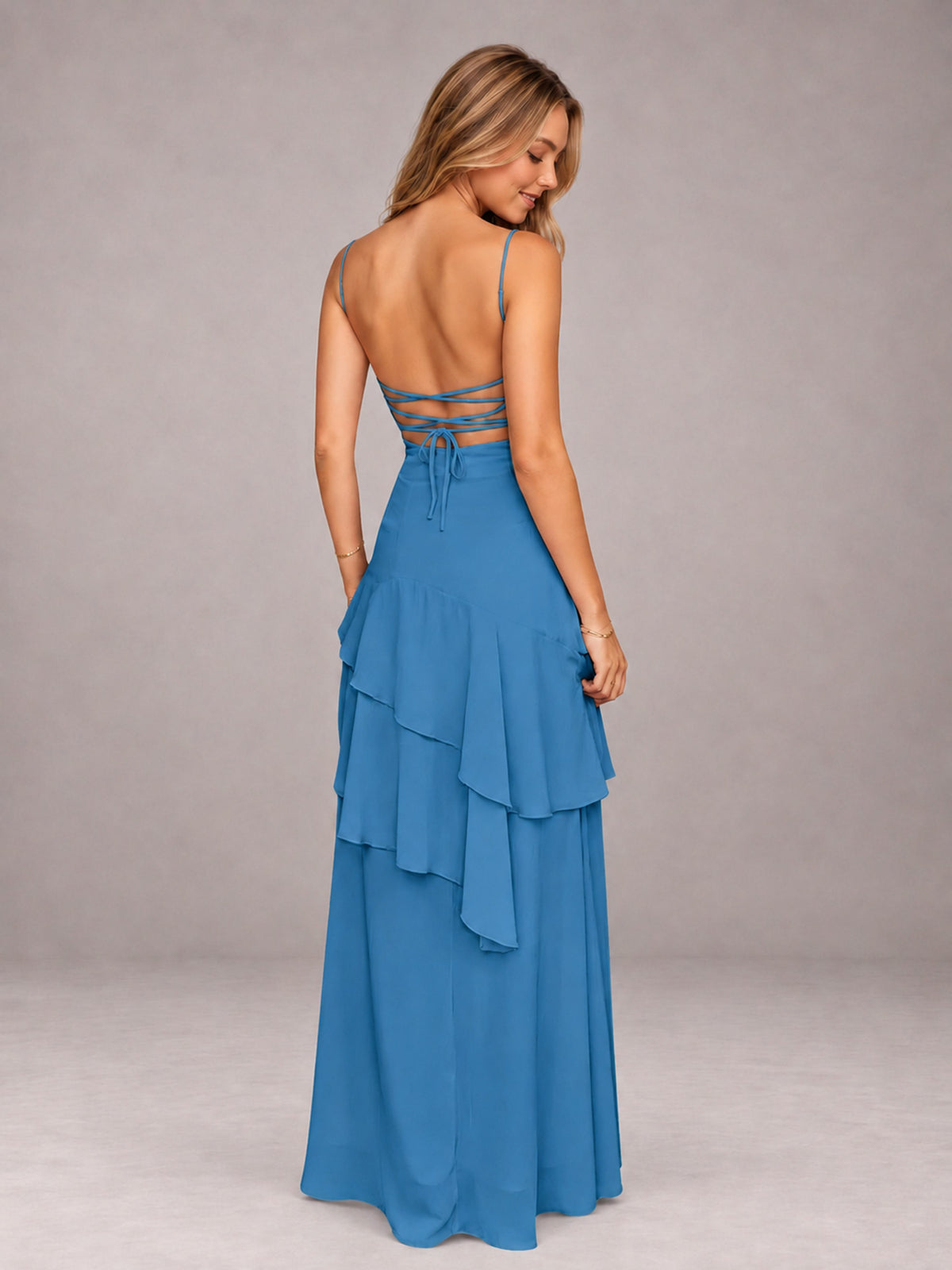 Blue A-Line Spaghetti Strap Chiffon Floor Length Bridesmaid Dress
