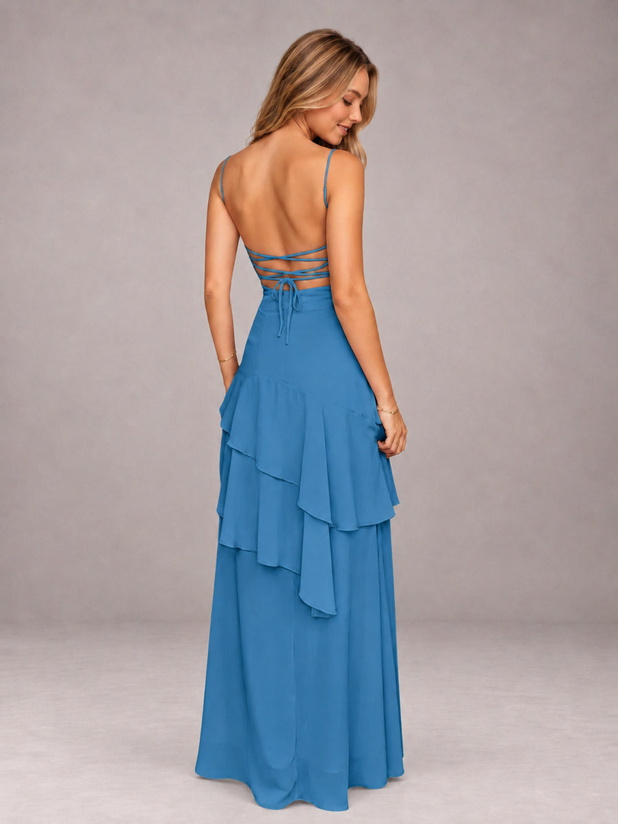 Blue A-Line Spaghetti Strap Chiffon Floor Length Bridesmaid Dress