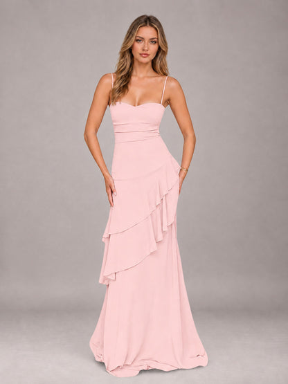 Blush Pink A-Line Spaghetti Strap Chiffon Floor Length Bridesmaid Dress