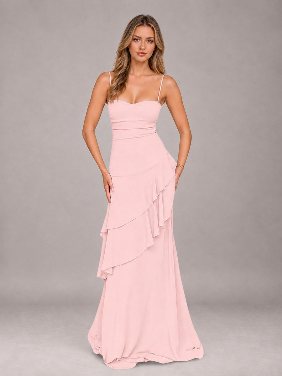 Blush Pink A-Line Spaghetti Strap Chiffon Floor Length Bridesmaid Dress
