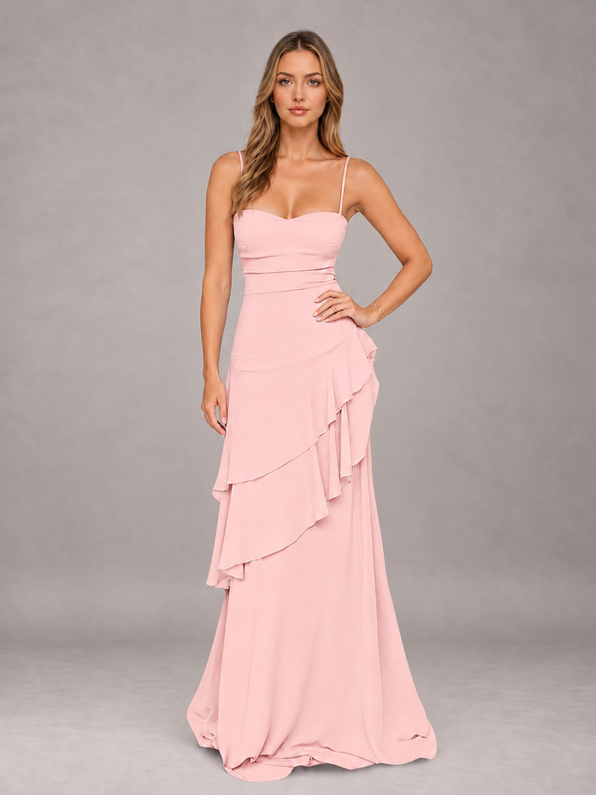 Blush Pink A-Line Spaghetti Strap Chiffon Floor Length Bridesmaid Dress