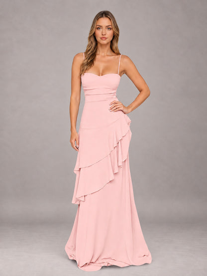 Blush Pink A-Line Spaghetti Strap Chiffon Floor Length Bridesmaid Dress