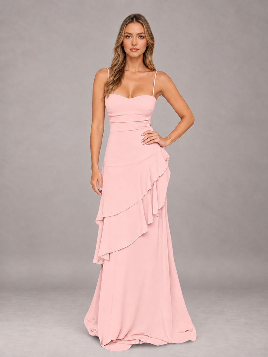 Blush Pink A-Line Spaghetti Strap Chiffon Floor Length Bridesmaid Dress