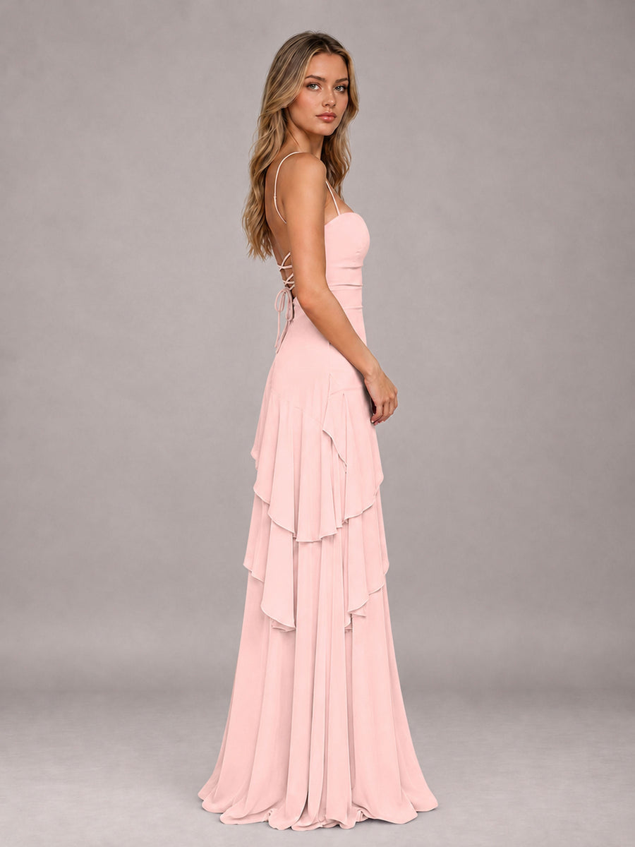 Blush Pink A-Line Spaghetti Strap Chiffon Floor Length Bridesmaid Dress