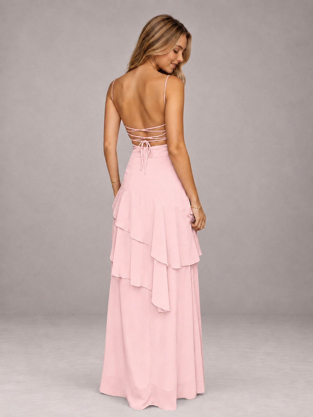 Blush Pink A-Line Spaghetti Strap Chiffon Floor Length Bridesmaid Dress