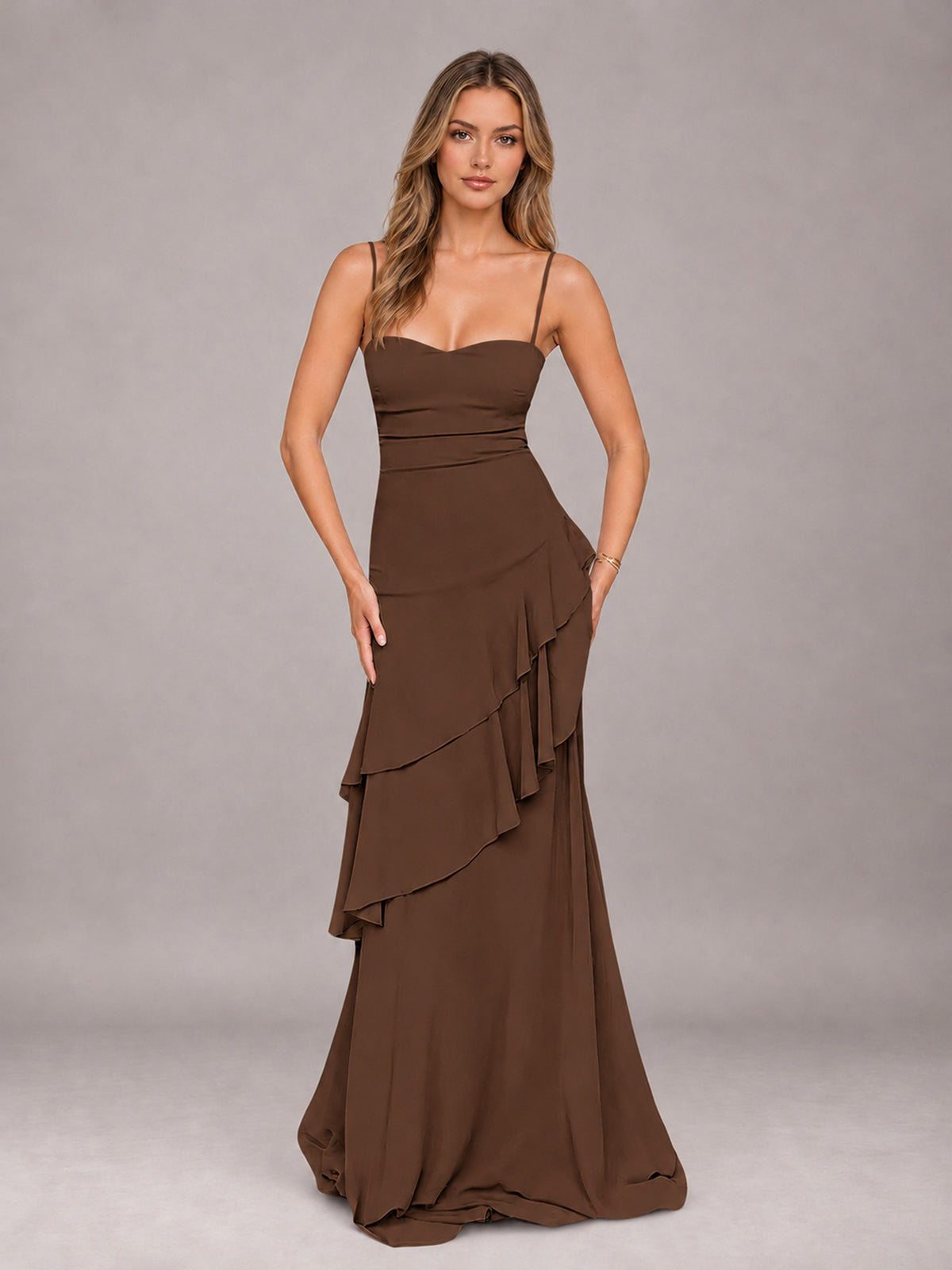 Brown A-Line Spaghetti Strap Chiffon Floor Length Bridesmaid Dress