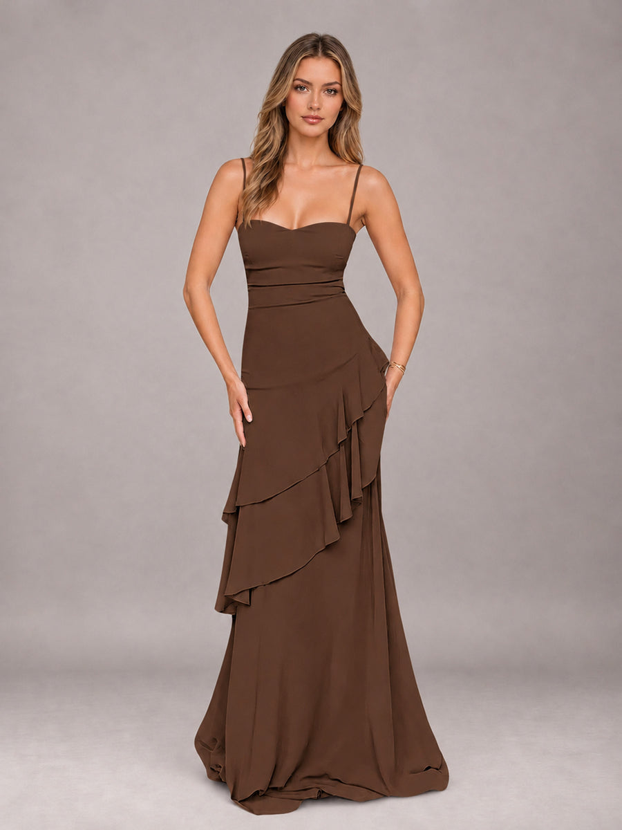 Brown A-Line Spaghetti Strap Chiffon Floor Length Bridesmaid Dress