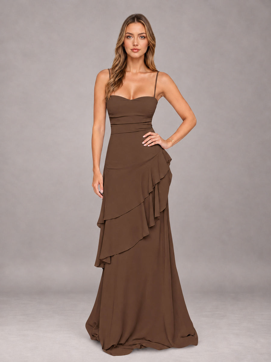Brown A-Line Spaghetti Strap Chiffon Floor Length Bridesmaid Dress