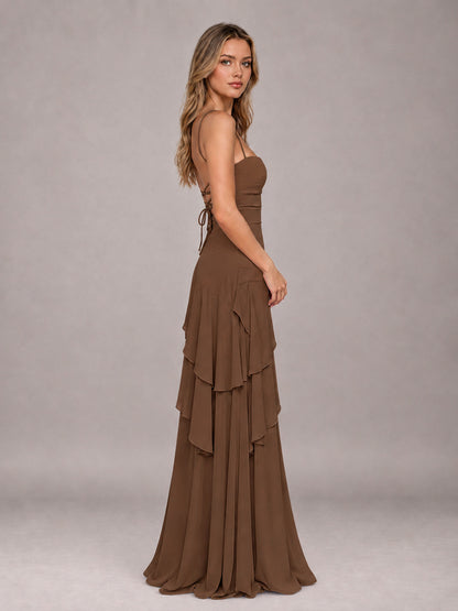 Brown A-Line Spaghetti Strap Chiffon Floor Length Bridesmaid Dress