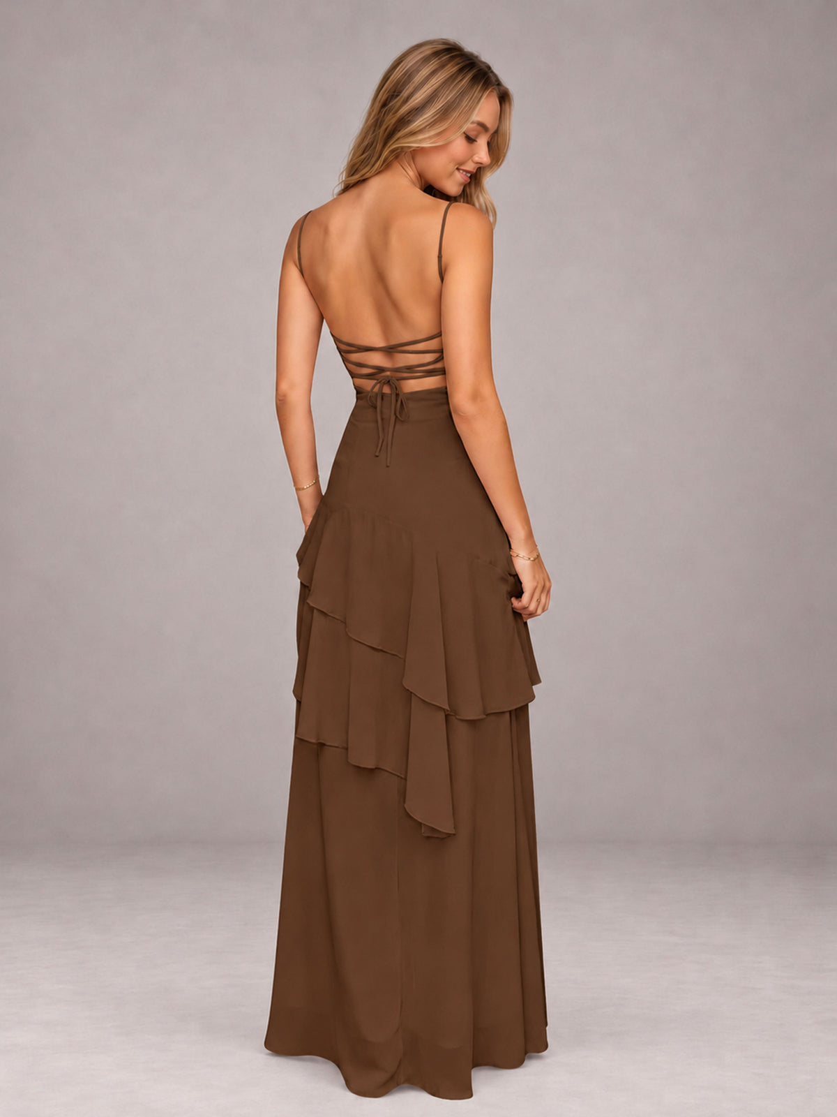 Brown A-Line Spaghetti Strap Chiffon Floor Length Bridesmaid Dress