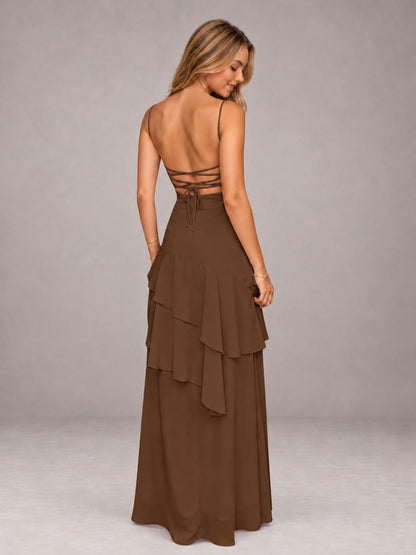 Brown A-Line Spaghetti Strap Chiffon Floor Length Bridesmaid Dress