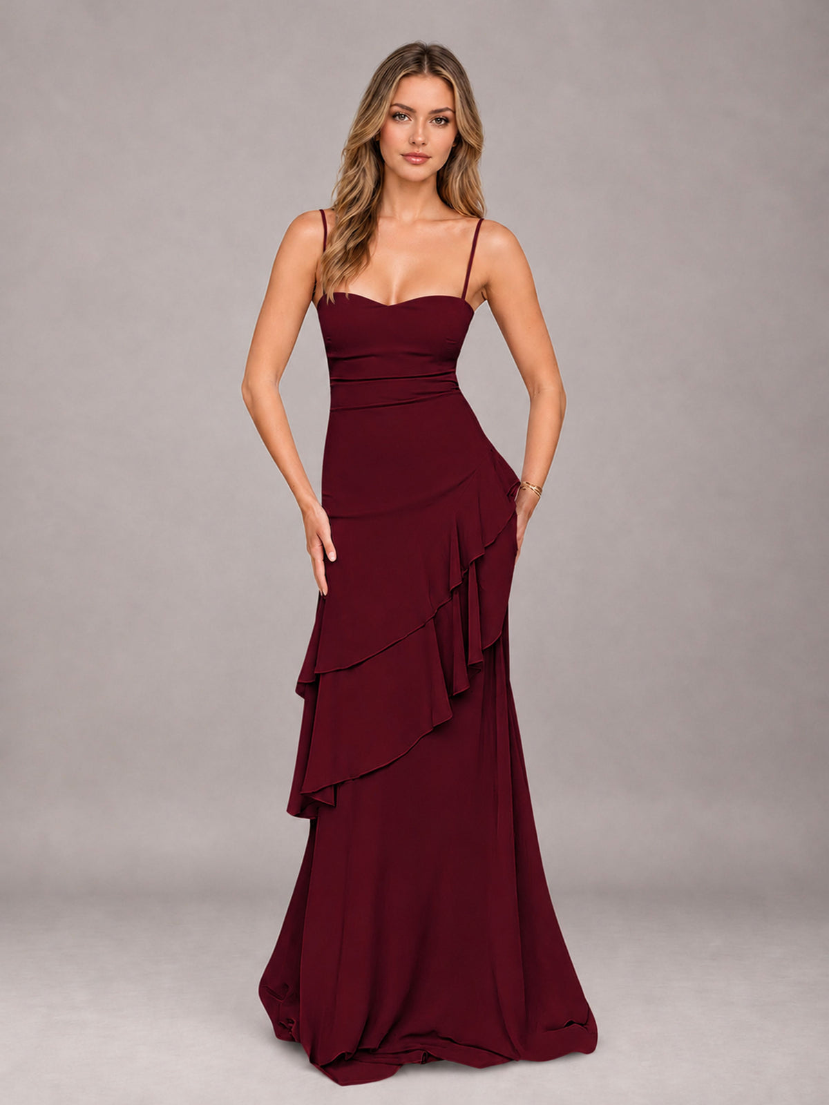 Burgundy A-Line Spaghetti Strap Chiffon Floor Length Bridesmaid Dress