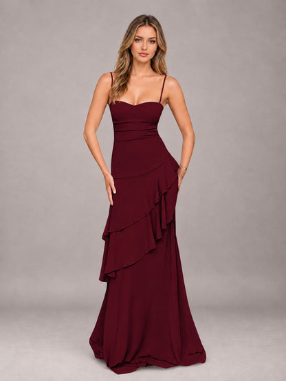 Burgundy A-Line Spaghetti Strap Chiffon Floor Length Bridesmaid Dress
