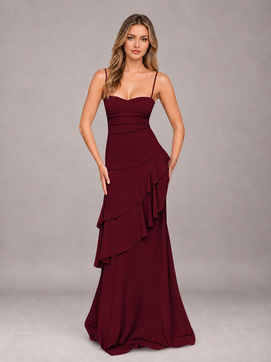 Burgundy A-Line Spaghetti Strap Chiffon Floor Length Bridesmaid Dress