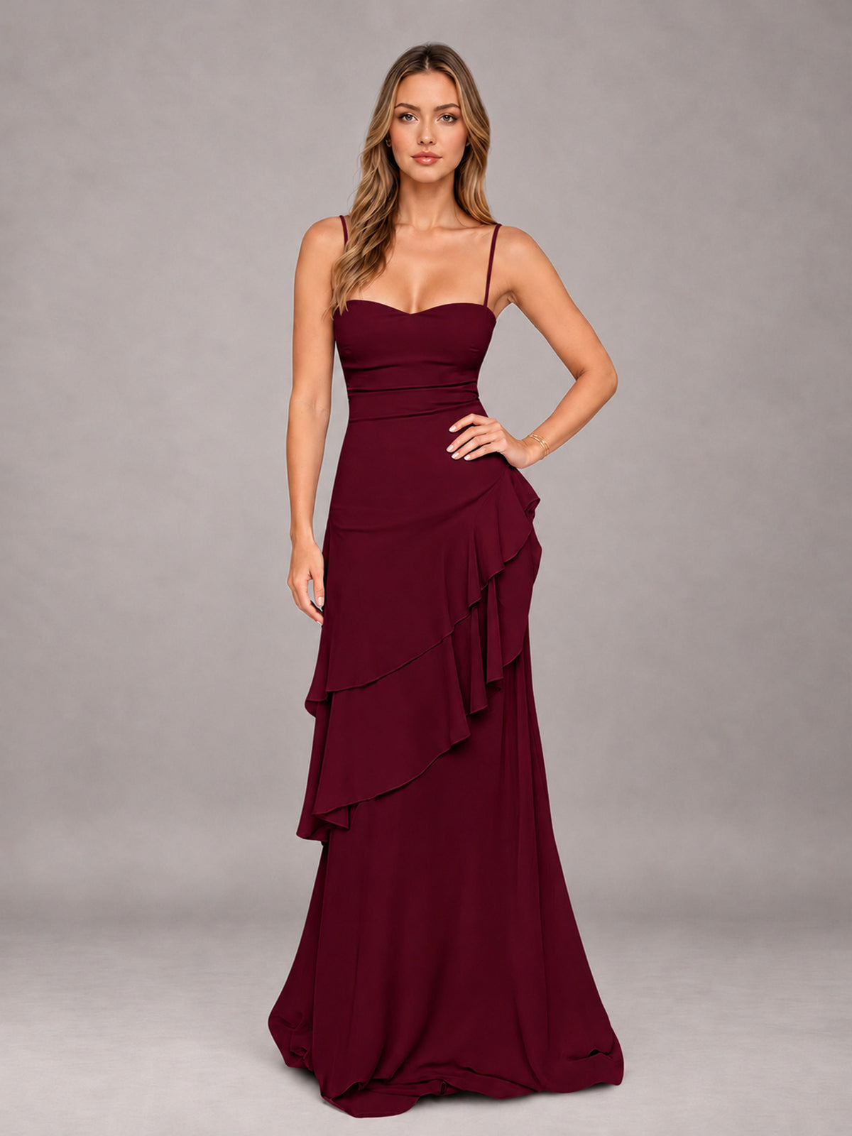 Burgundy A-Line Spaghetti Strap Chiffon Floor Length Bridesmaid Dress