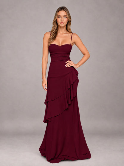 Burgundy A-Line Spaghetti Strap Chiffon Floor Length Bridesmaid Dress