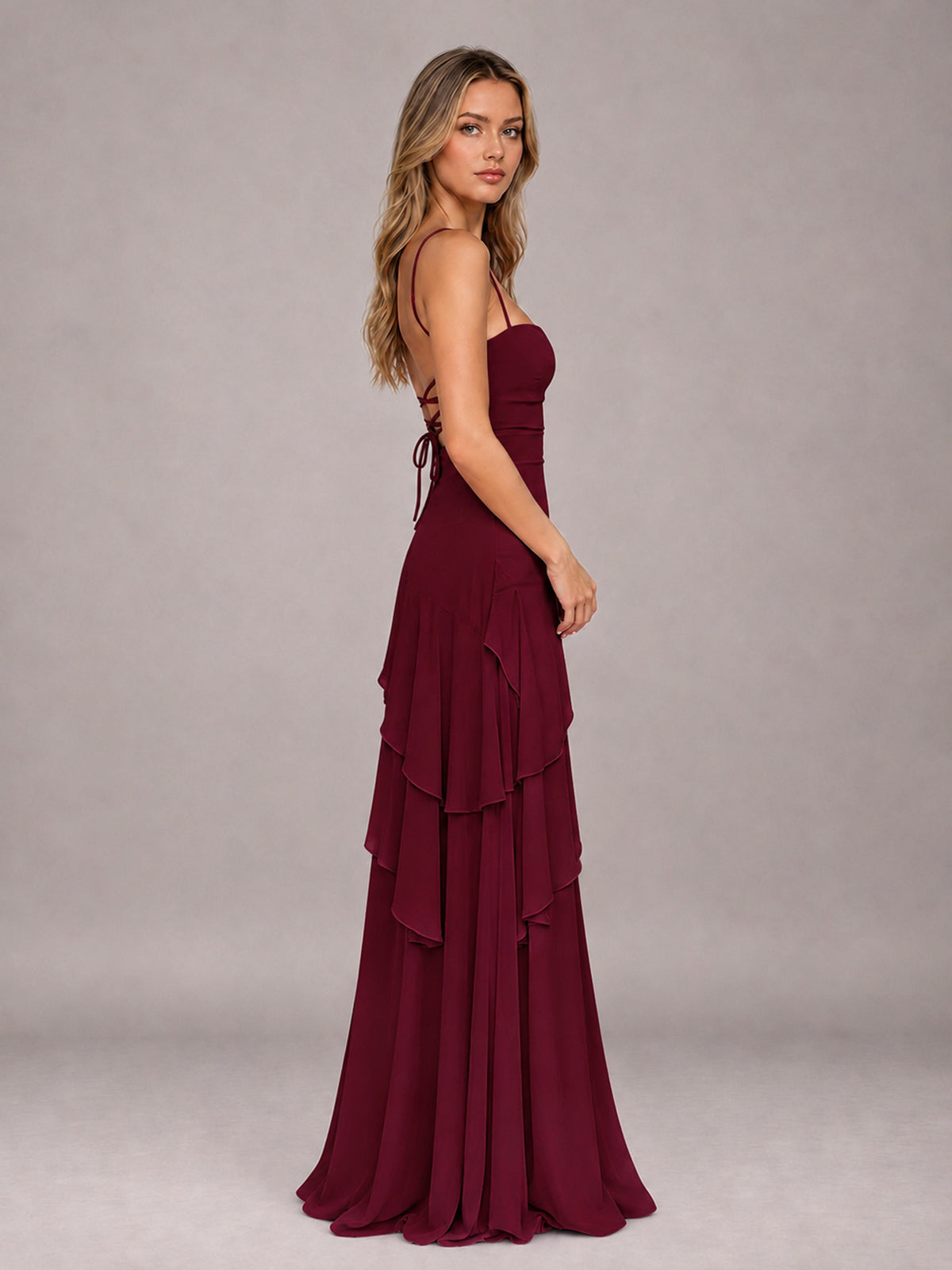Burgundy A-Line Spaghetti Strap Chiffon Floor Length Bridesmaid Dress