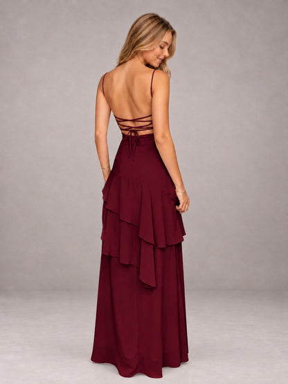Burgundy A-Line Spaghetti Strap Chiffon Floor Length Bridesmaid Dress