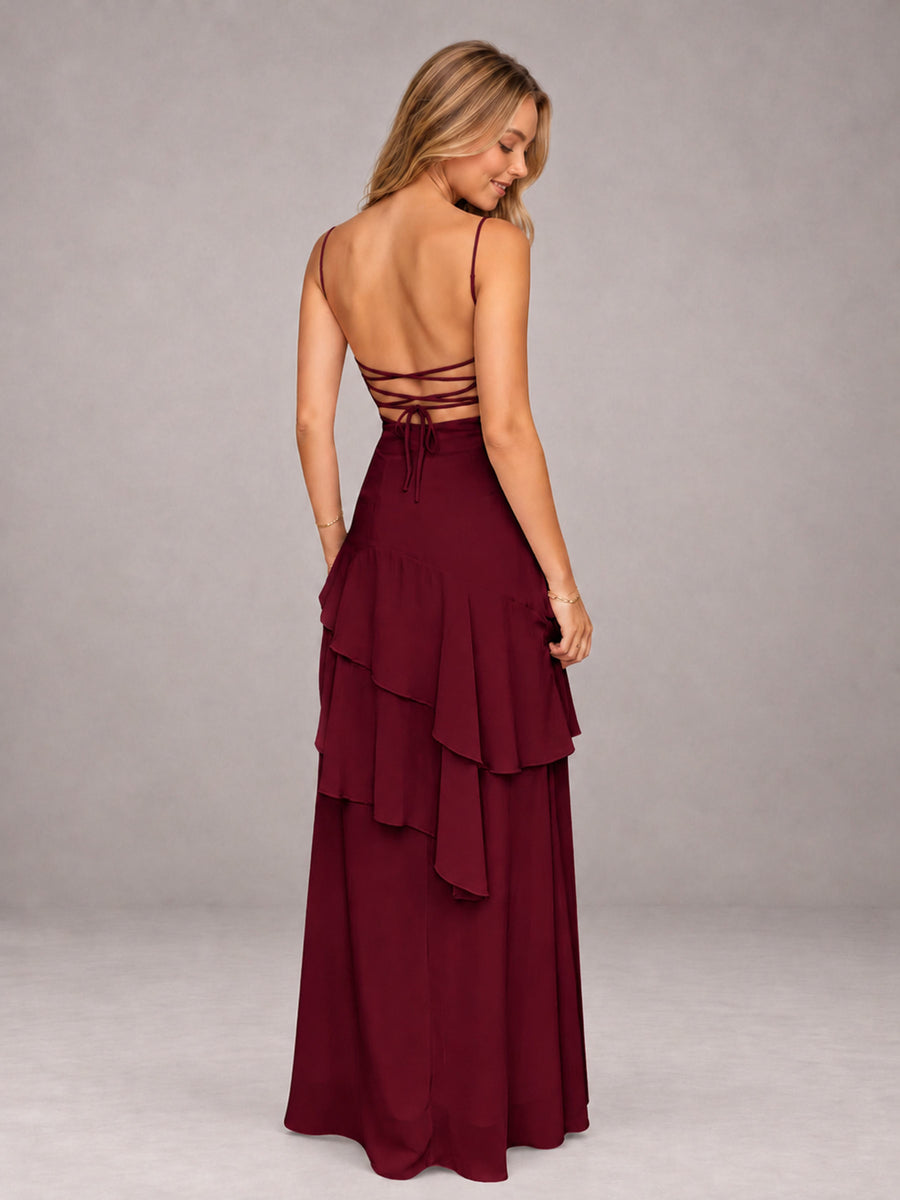Burgundy A-Line Spaghetti Strap Chiffon Floor Length Bridesmaid Dress