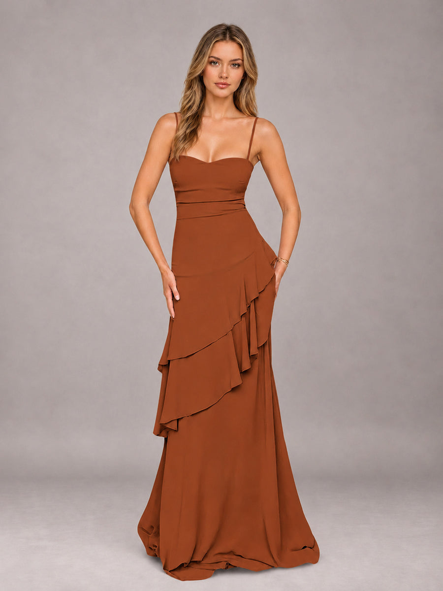 Burnt Orange A-Line Spaghetti Strap Chiffon Floor Length Bridesmaid Dress