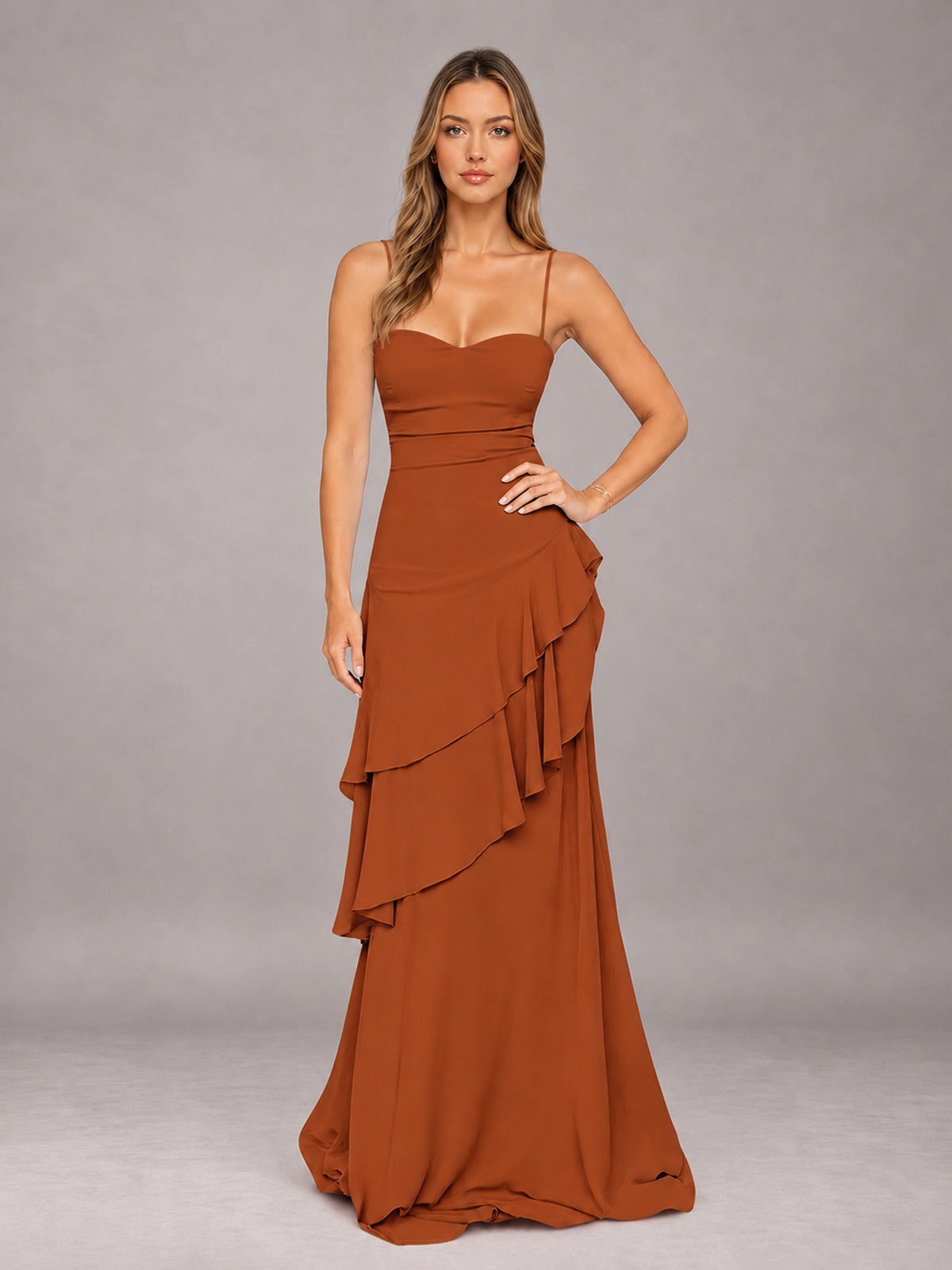 Burnt Orange A-Line Spaghetti Strap Chiffon Floor Length Bridesmaid Dress