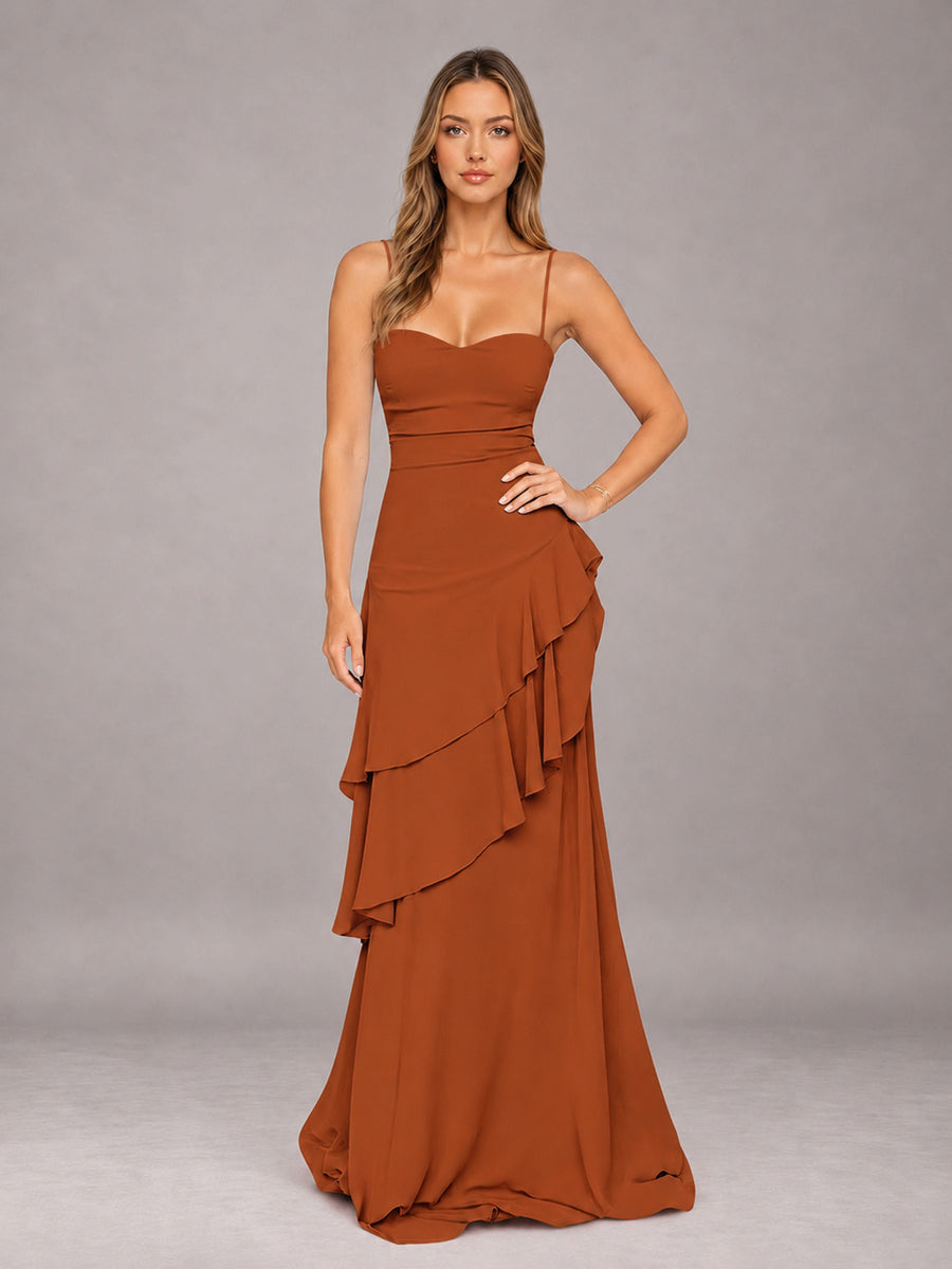 Burnt Orange A-Line Spaghetti Strap Chiffon Floor Length Bridesmaid Dress