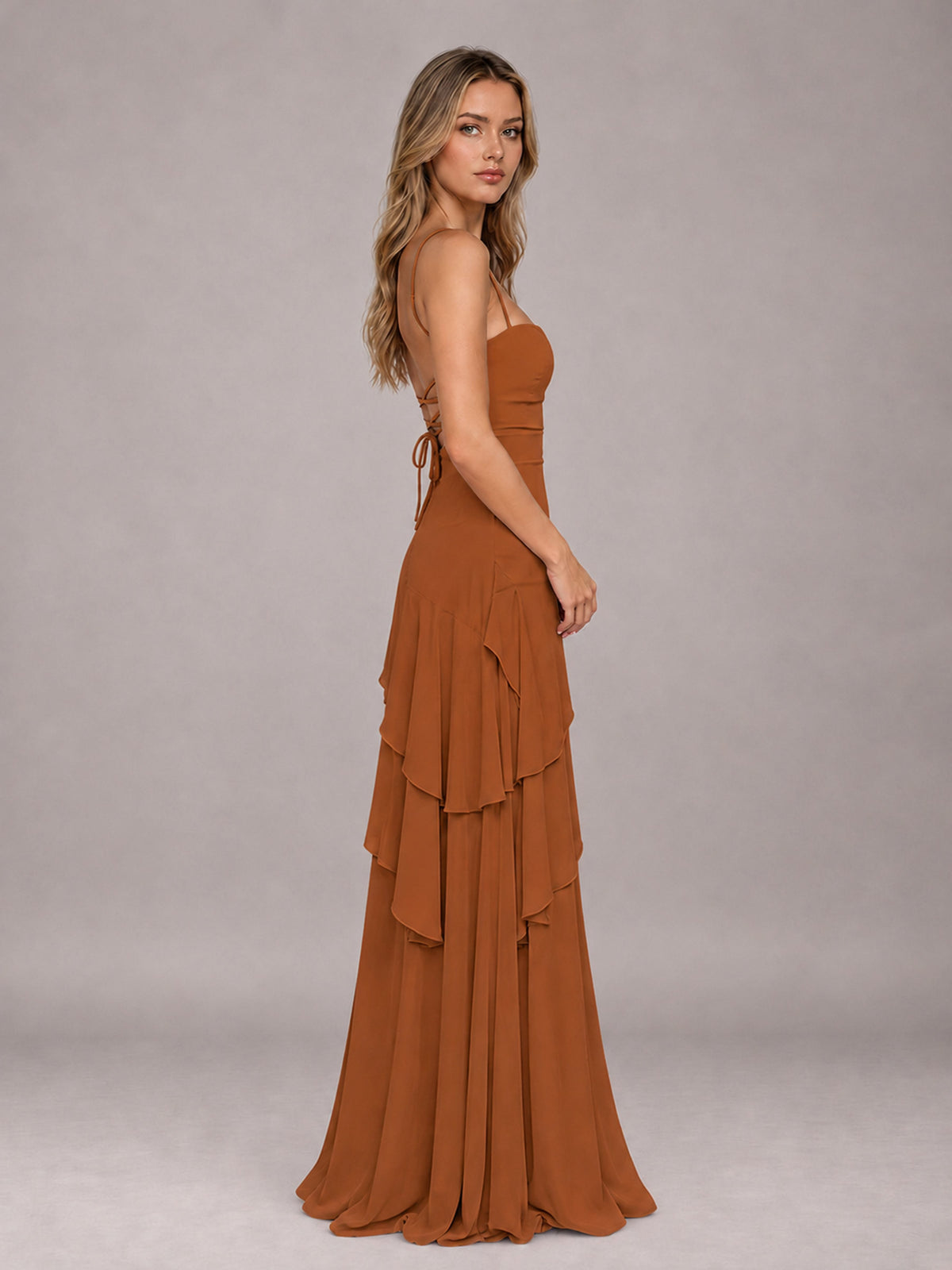 Burnt Orange A-Line Spaghetti Strap Chiffon Floor Length Bridesmaid Dress