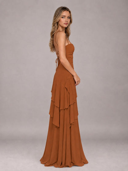 Burnt Orange A-Line Spaghetti Strap Chiffon Floor Length Bridesmaid Dress