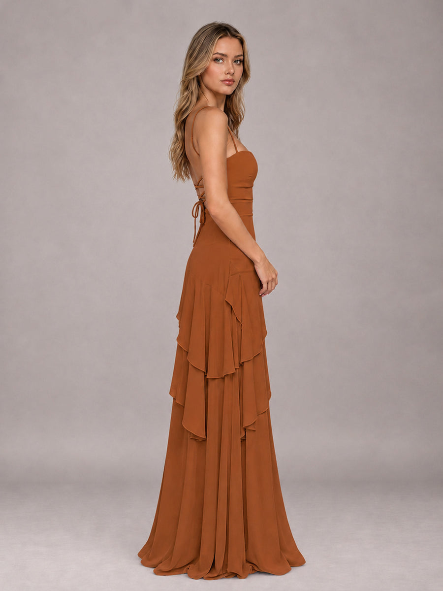 Burnt Orange A-Line Spaghetti Strap Chiffon Floor Length Bridesmaid Dress