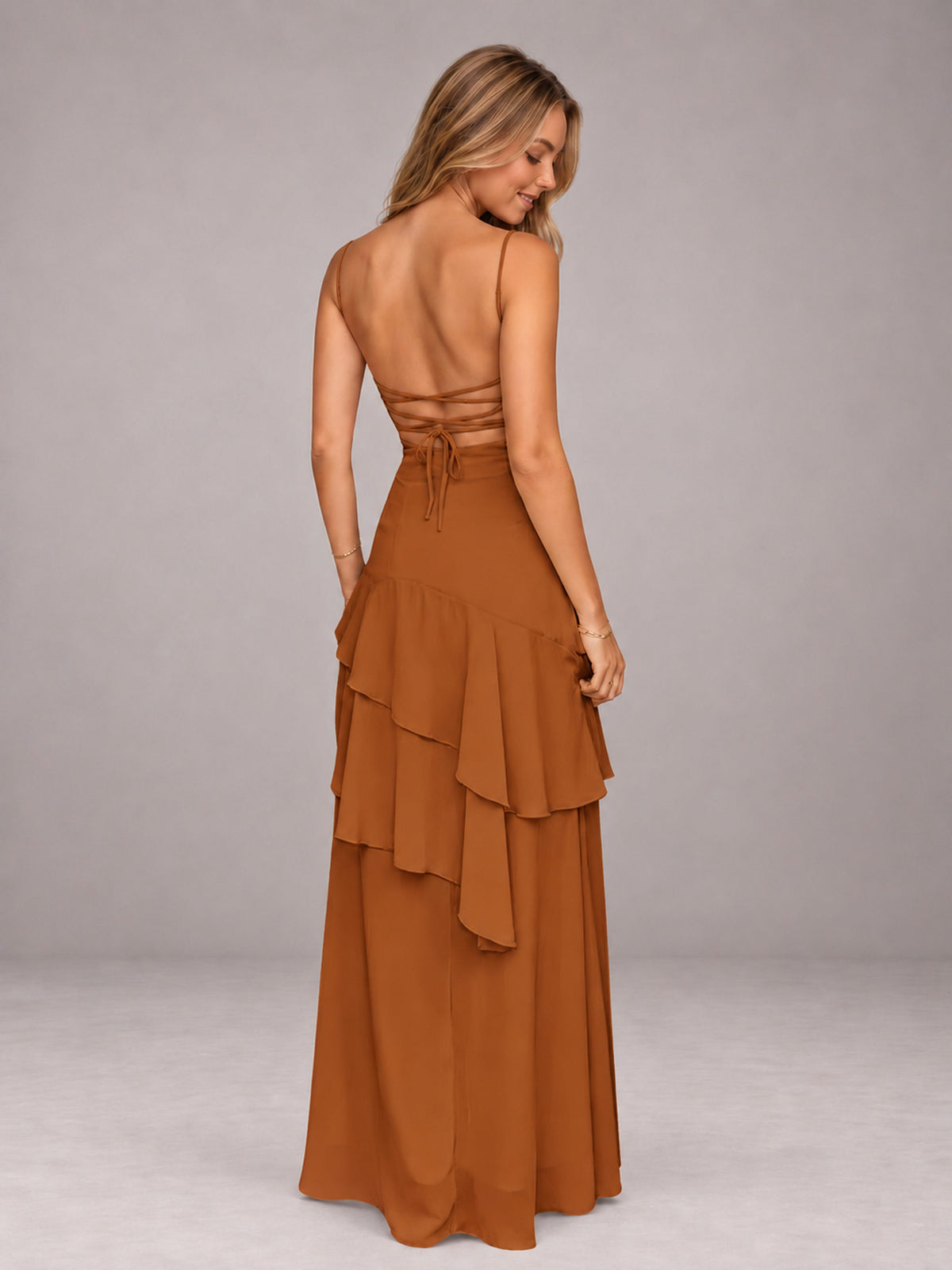Burnt Orange A-Line Spaghetti Strap Chiffon Floor Length Bridesmaid Dress