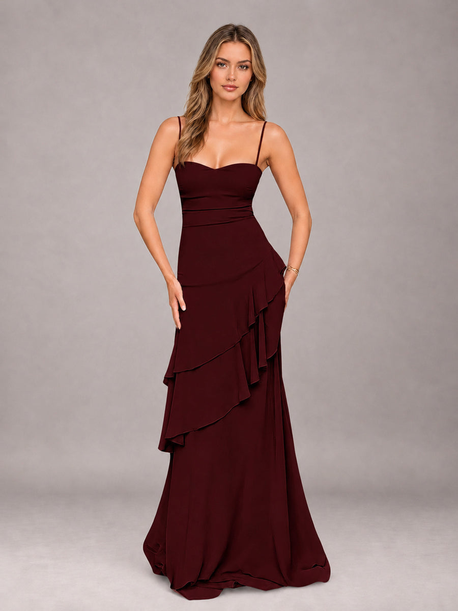 Cabernet A-Line Spaghetti Strap Chiffon Floor Length Bridesmaid Dress