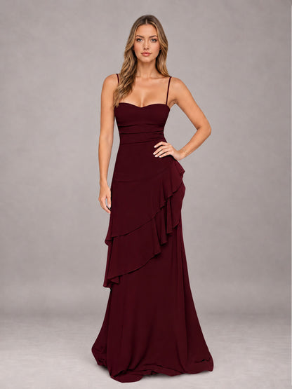 Cabernet A-Line Spaghetti Strap Chiffon Floor Length Bridesmaid Dress