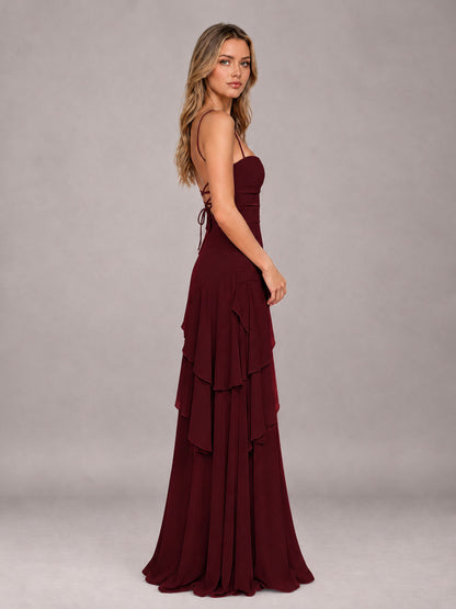 Cabernet A-Line Spaghetti Strap Chiffon Floor Length Bridesmaid Dress