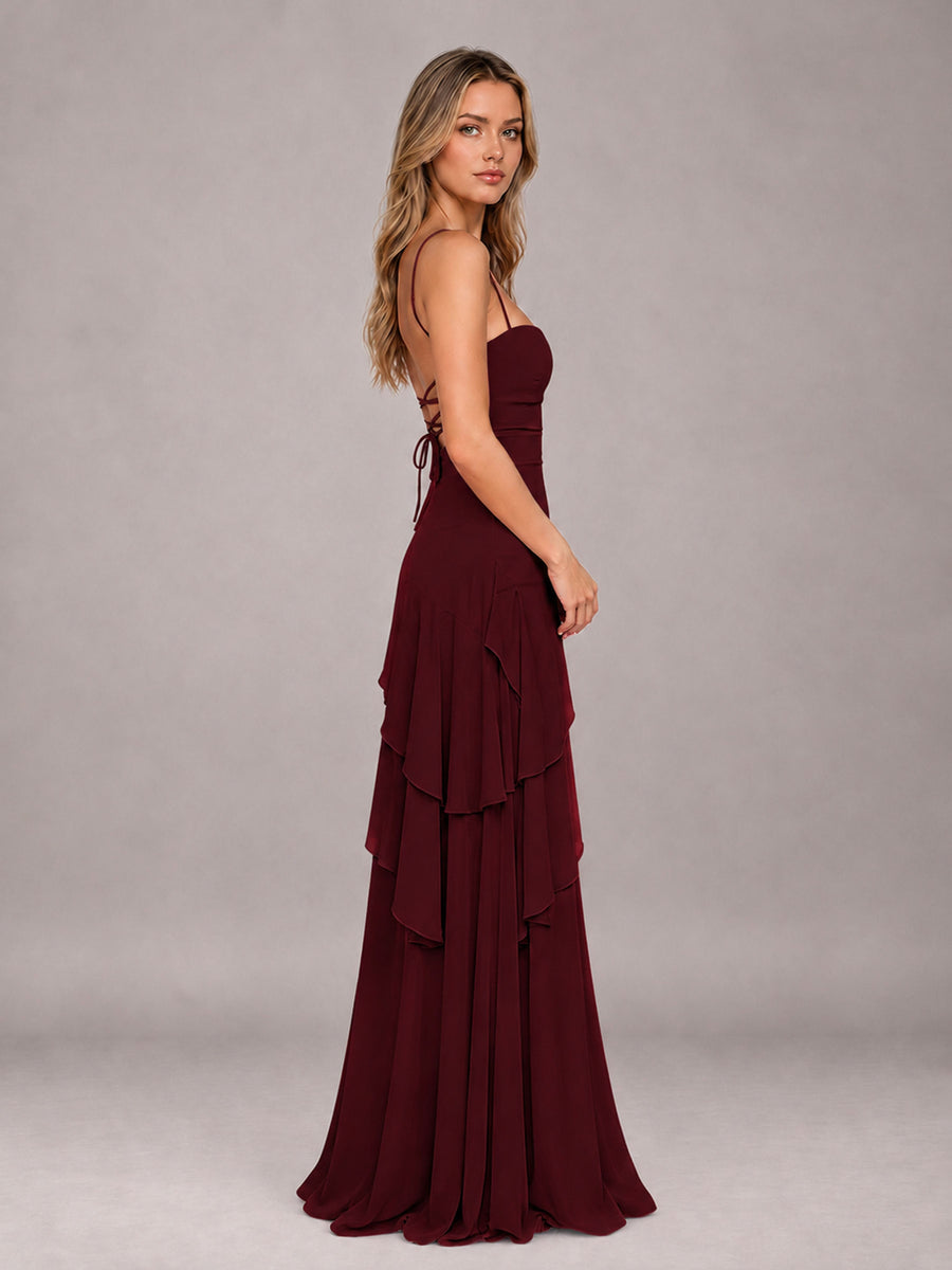 Cabernet A-Line Spaghetti Strap Chiffon Floor Length Bridesmaid Dress