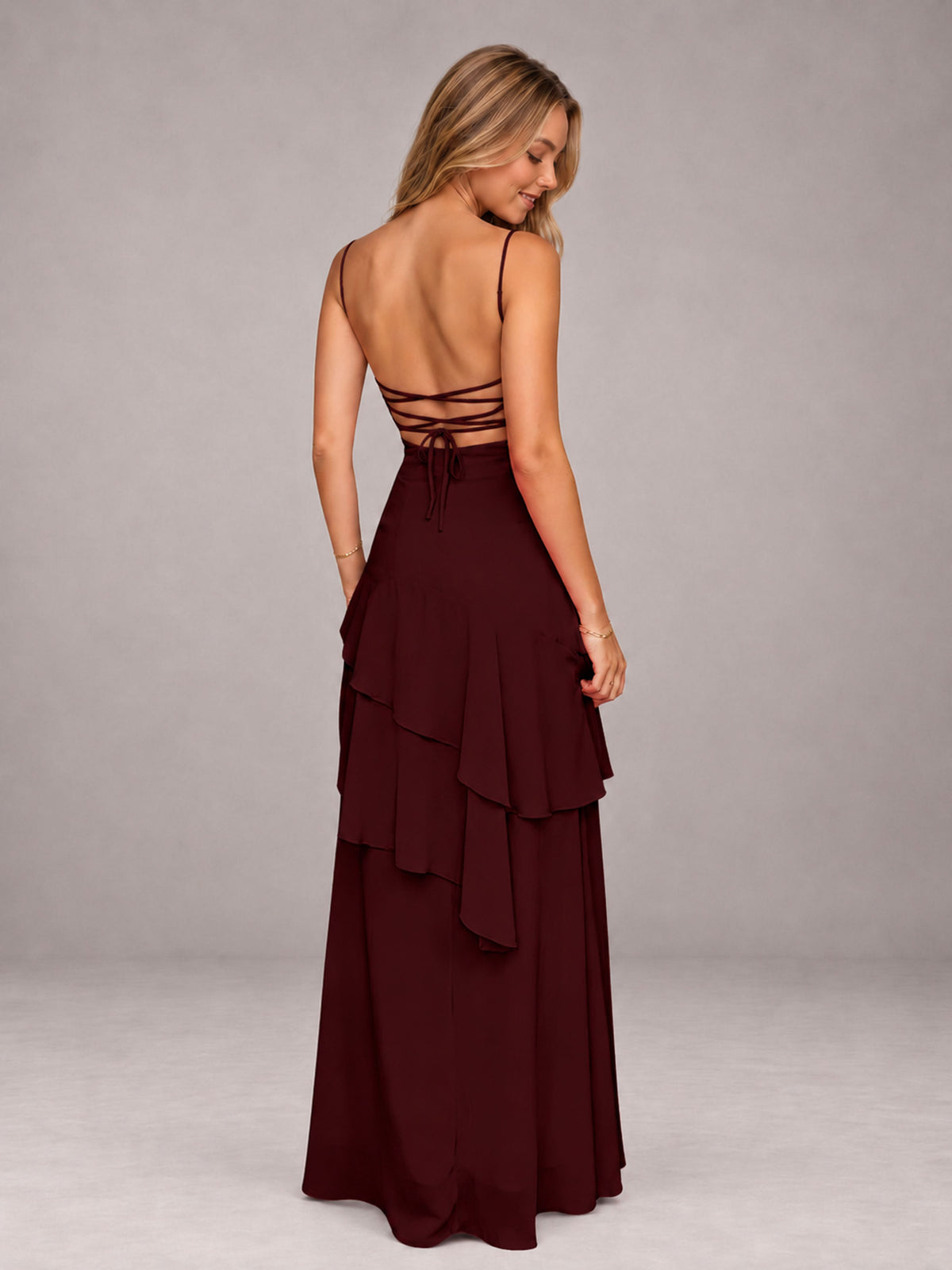 Cabernet A-Line Spaghetti Strap Chiffon Floor Length Bridesmaid Dress