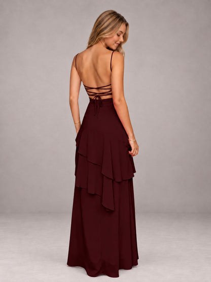Cabernet A-Line Spaghetti Strap Chiffon Floor Length Bridesmaid Dress