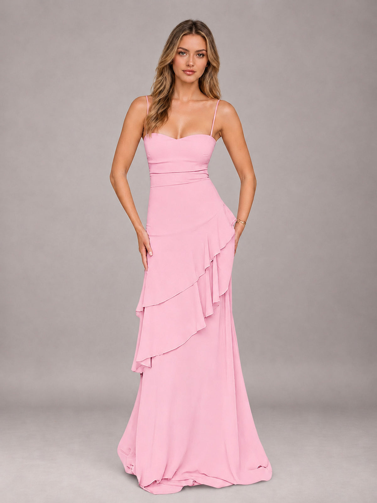Candy Pink A-Line Spaghetti Strap Chiffon Floor Length Bridesmaid Dress