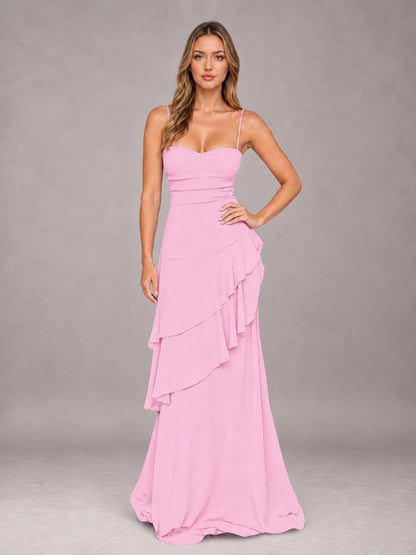 Candy Pink A-Line Spaghetti Strap Chiffon Floor Length Bridesmaid Dress
