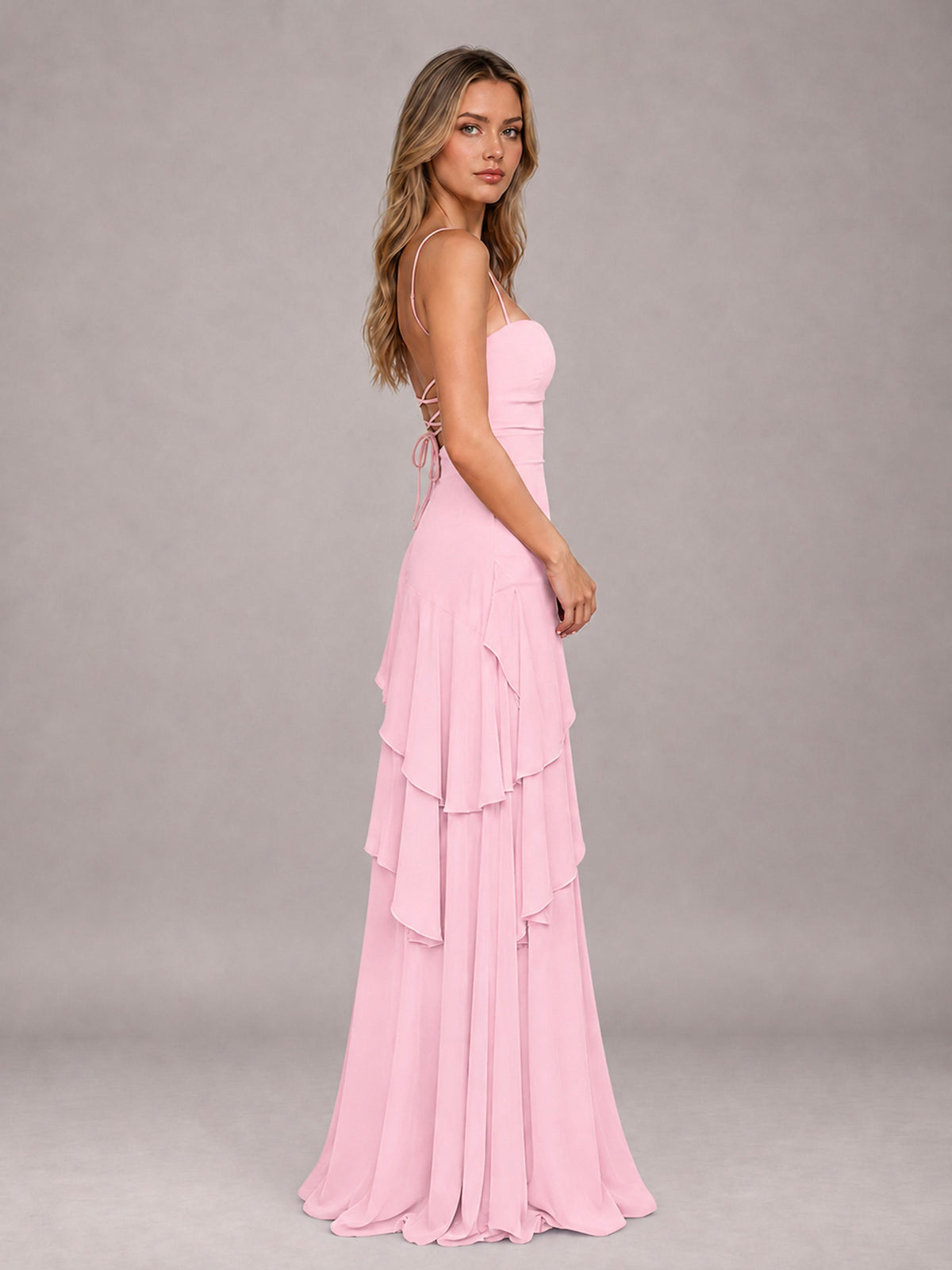Candy Pink A-Line Spaghetti Strap Chiffon Floor Length Bridesmaid Dress