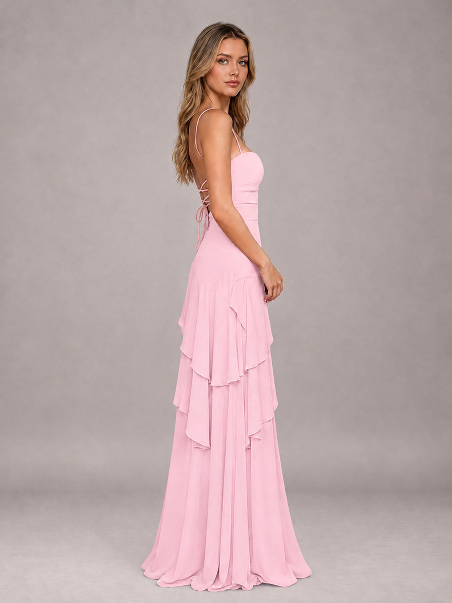 Candy Pink A-Line Spaghetti Strap Chiffon Floor Length Bridesmaid Dress