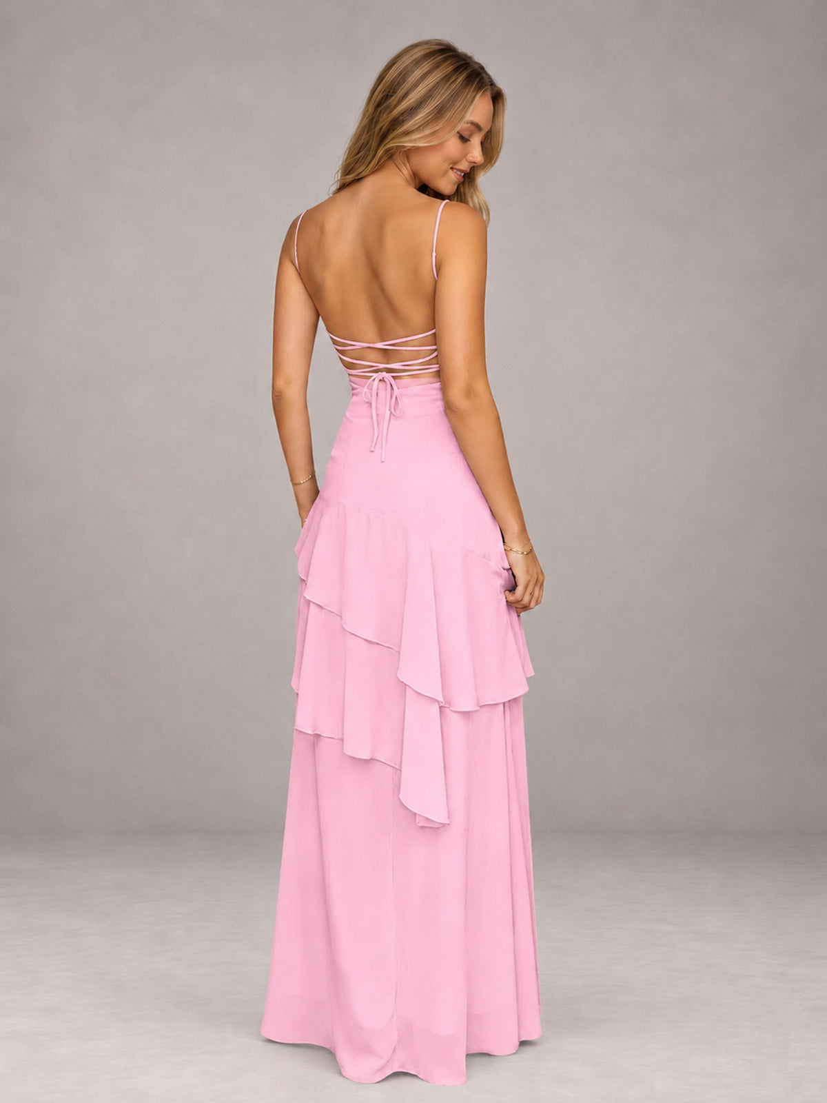 Candy Pink A-Line Spaghetti Strap Chiffon Floor Length Bridesmaid Dress
