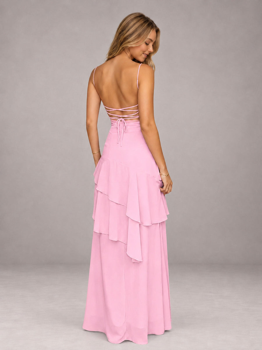Candy Pink A-Line Spaghetti Strap Chiffon Floor Length Bridesmaid Dress