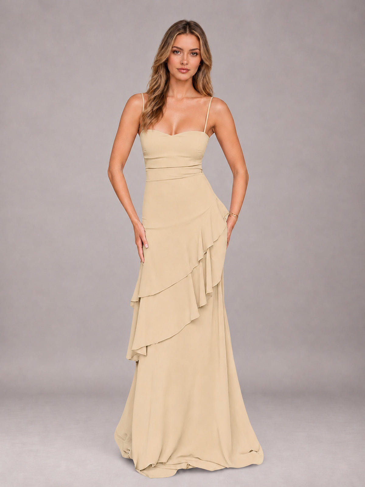 Champagne A-Line Spaghetti Strap Chiffon Floor Length Bridesmaid Dress