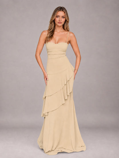 Champagne A-Line Spaghetti Strap Chiffon Floor Length Bridesmaid Dress