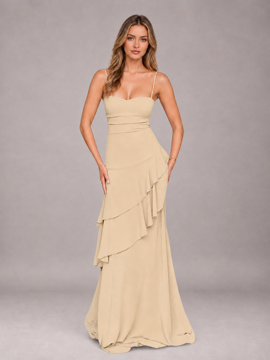 Champagne A-Line Spaghetti Strap Chiffon Floor Length Bridesmaid Dress